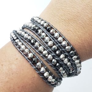 Leather Beaded wrap bracelet grey
